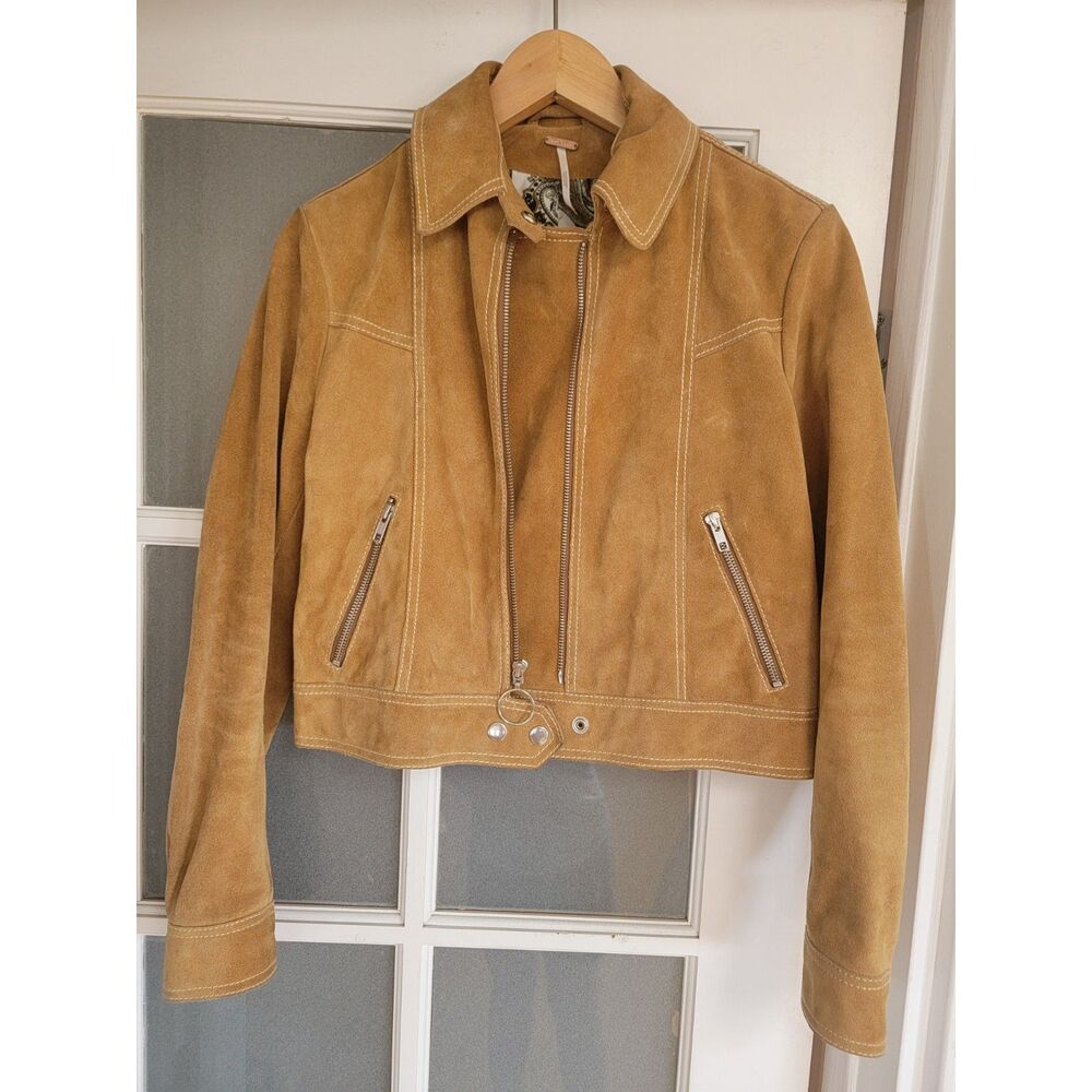 Free People In The Street Genuine Suede Leather Moto Jacket Camel Extra Small XS